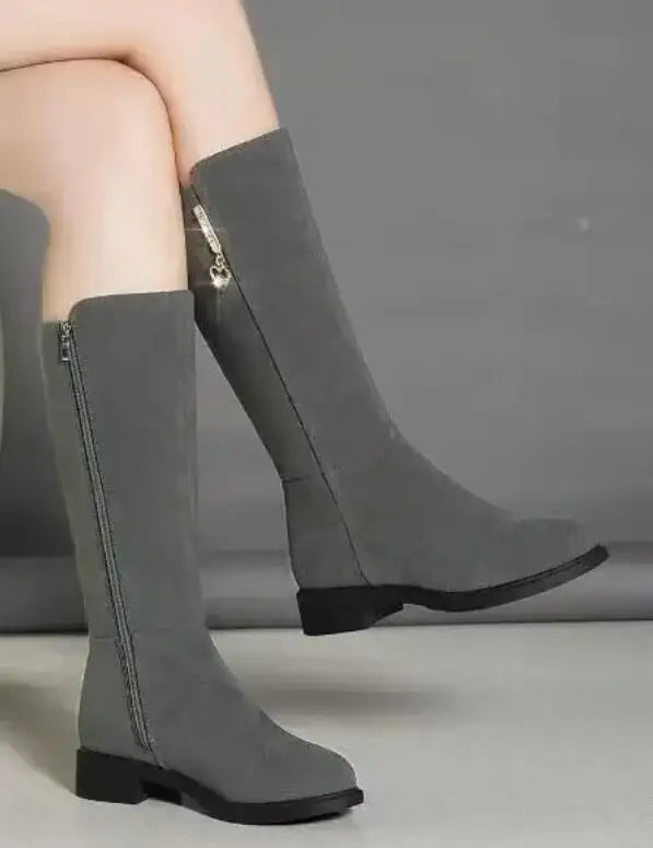 2025 Women’s Plush Snow Boots – Casual Flat Cotton Thigh-High Winter Shoes with Side Zipper