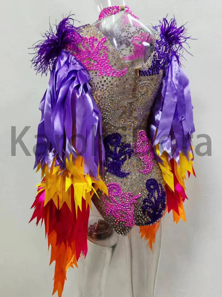 Colorful Feather Sleeve Rhinestone Bodysuit – Women’s Nightclub Party Dance Performance Costume