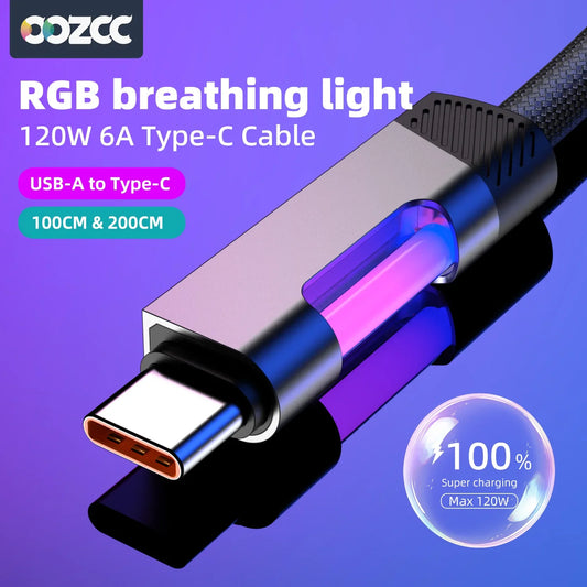 RGB Fast Charging Cable 120W 6A – USB Type-C Charge Cord with Ambient RGB Light