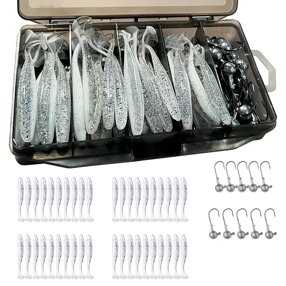 50PCS Metal Jig Fishing Lure Set – Soft & Sinking Swimbaits 3g–14g (5.5–10cm) Jigging Head Hooks in Tackle Box for Bass Fishing