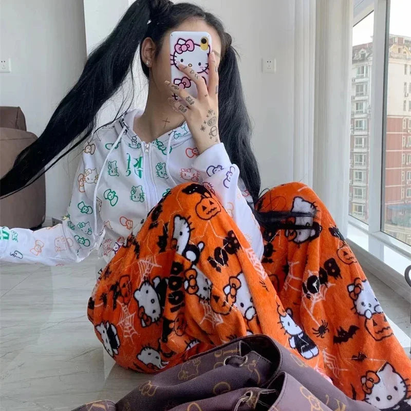 Sanrio Hello Kitty Anime Y2K Pajama Pants for Women - Kawaii Woolen Cartoon Casual Home Pants, Perfect for Halloween and Household Dress