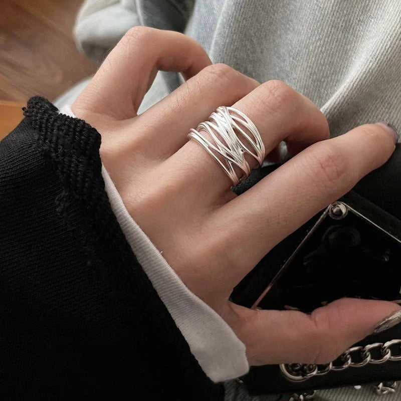 VENTFILLE 925 Sterling Silver Adjustable Ring – Vintage Hollow Line Punk Hip Hop Couple Jewelry