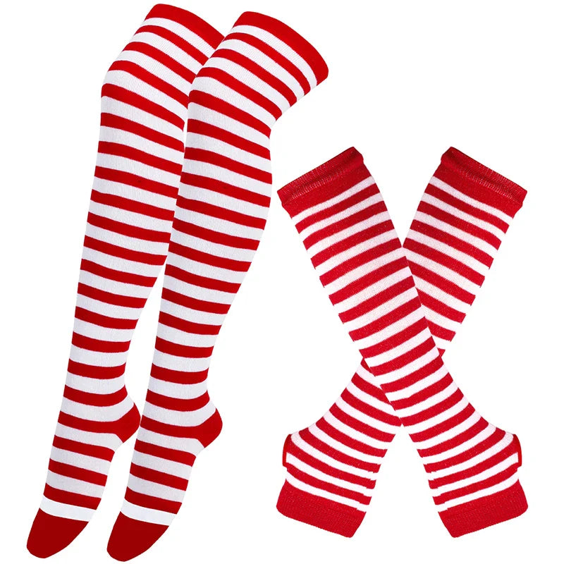Women’s Over-Knee Long Stripe Socks & Arm Sleeve Gloves – Cute Plus Size Thigh High Cotton Socks