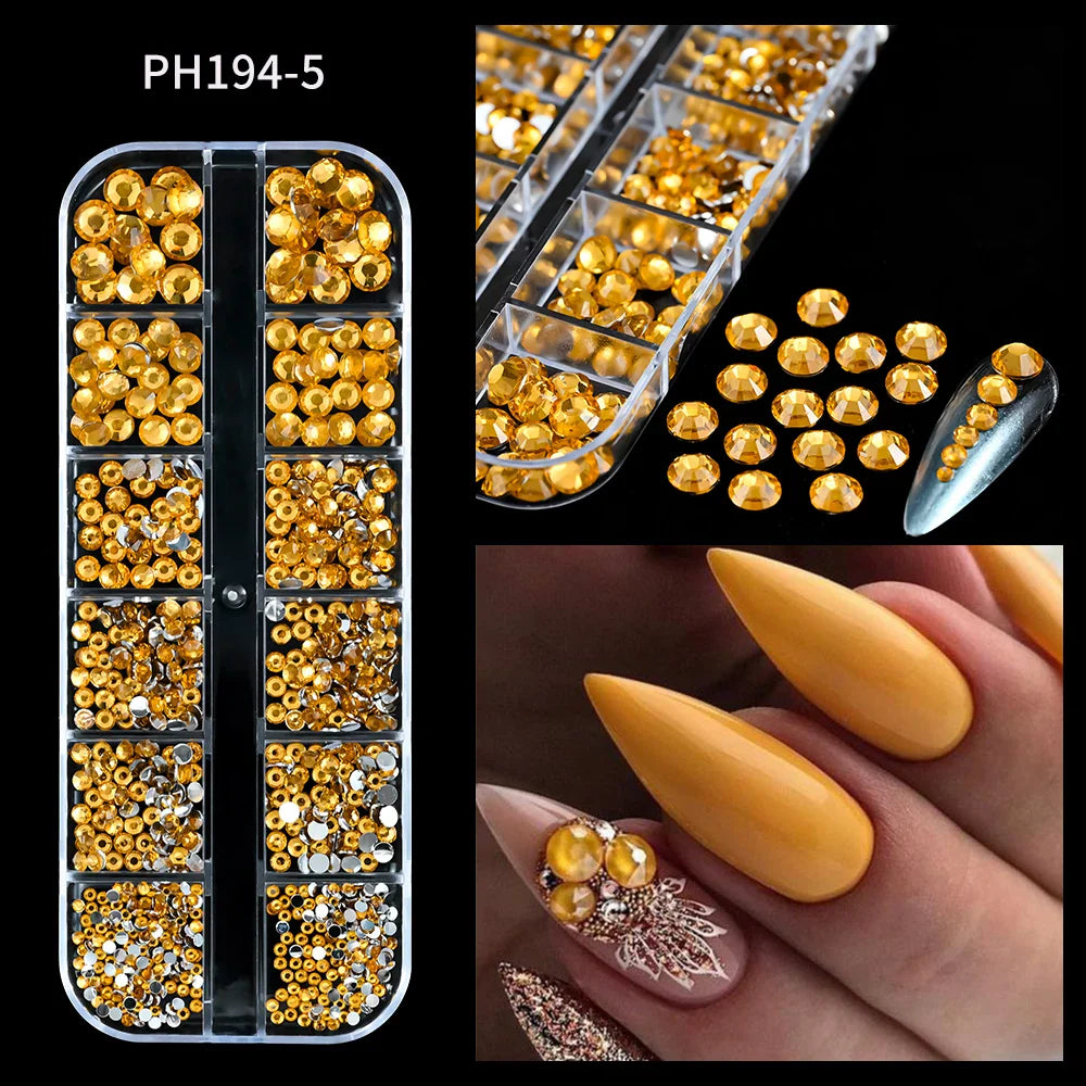 12-Grid 3D Glass AB Crystal Nail Art Rhinestones Kit – Flatback Round Beads with Tools for Nail Jewelry & Diamond Decoration