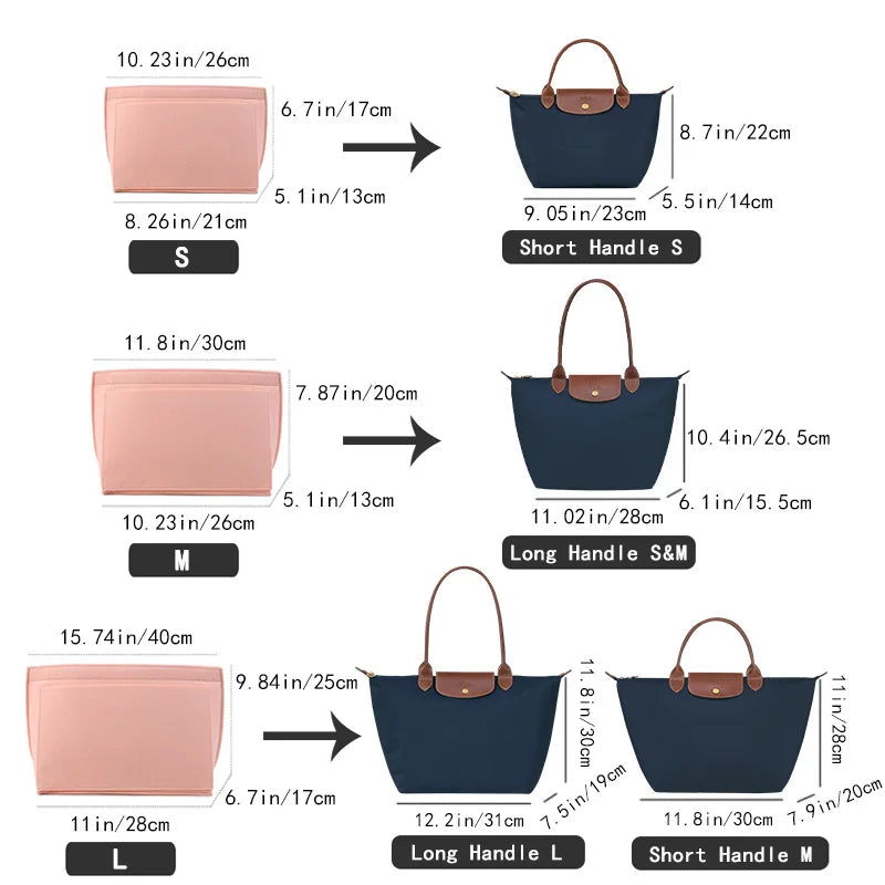 Felt Insert Bag for Longchamp Handbag - Liner Bag Felt Cloth Makeup Organizer - Portable Travel Purse Insert Support
