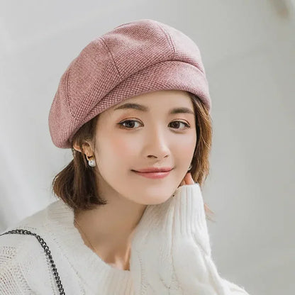 2024 Women's Wool Beret - Elegant Plaid Vintage Octagonal Cap, Casual Cotton Hat for Autumn and Winter