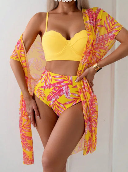 Elegant 3-Piece Vintage Bikini Set for Women – High Waist Swimsuit with Mesh Cover-Up 2025 Bathing Suit