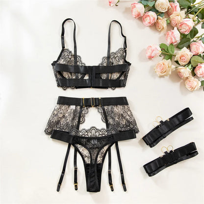 Krasapt Luxury Black Flower Embroidery Lingerie – 4PC Mesh Bra, Thong & Garter Erotic Set