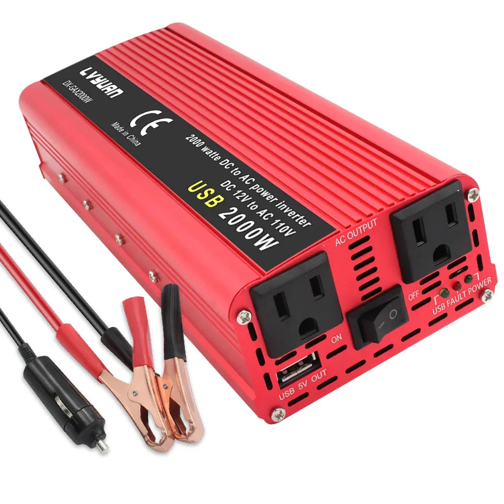 1500W-2600W Car Power Inverter – Portable DC12V to AC110V Charger for Phone, Laptop, Camera with US Socket
