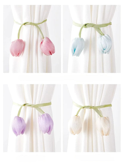 2PCS Tulip Flower Curtain Tiebacks – Rustic No-Damage Holdbacks for Living Room & Bedroom Decor