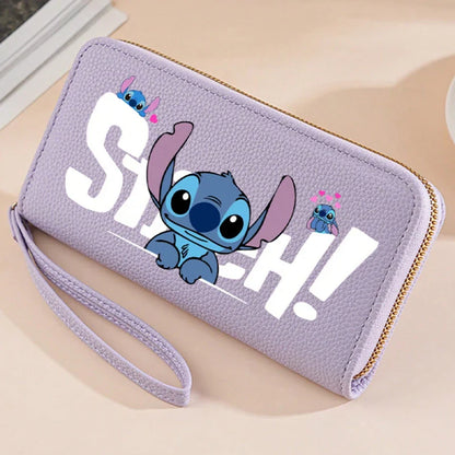 Stitch Long Zip Wallet for Women – Cute Cartoon Print with Wrist Strap, Soft Multi-Card Holder in 4 Colors