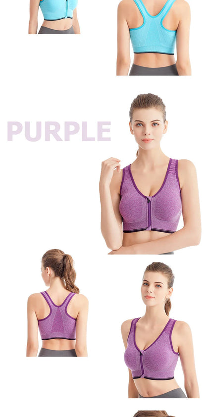 Women's Running Sports Bra – Front Zipper, Shockproof, Seamless & Breathable Bralette Without Underwire