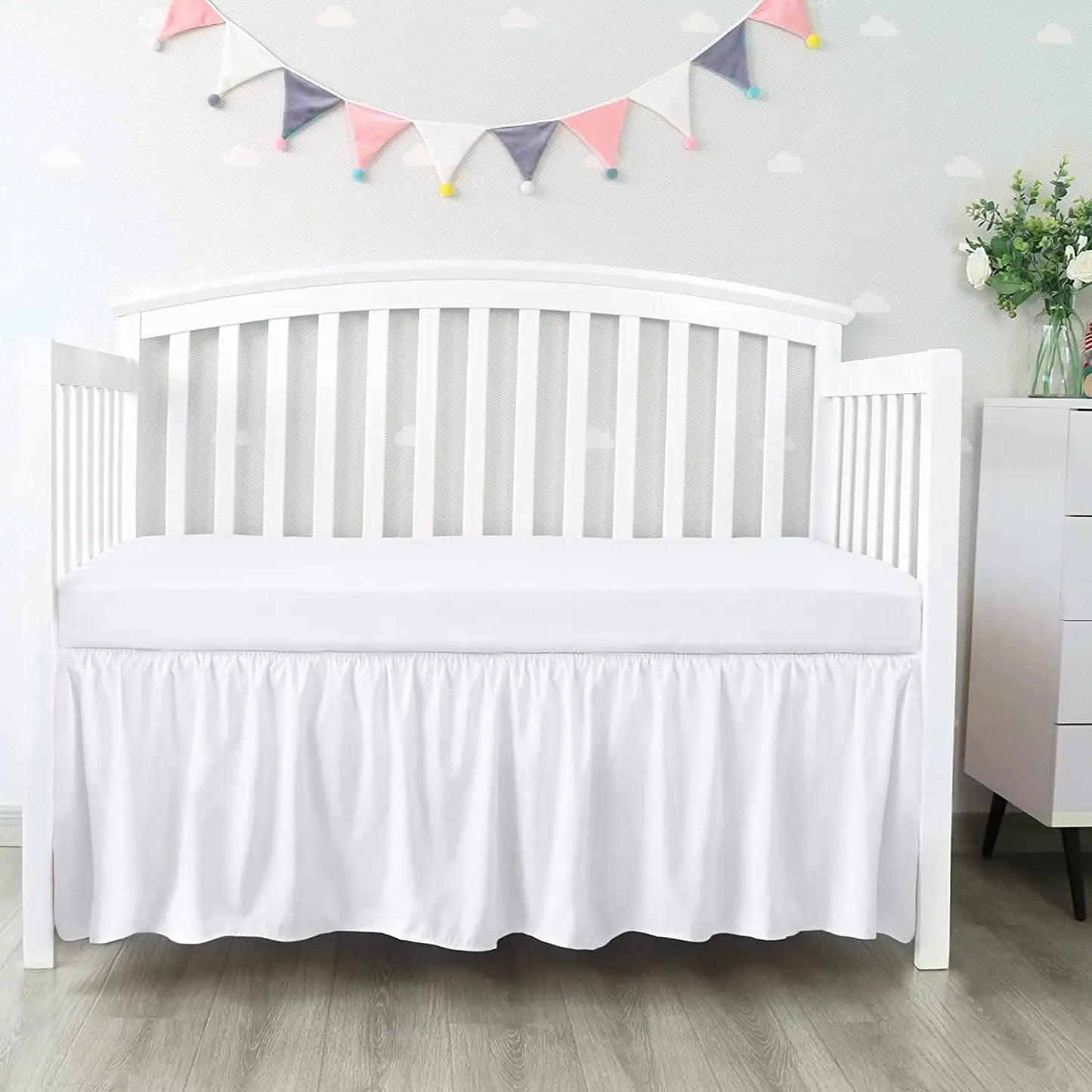 Premium Crib Bed Skirt with White Sheet – 4-Sided Pleated Ruffle Nursery Bedding for Baby Boys & Girls Toddler Beds