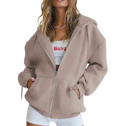 Women’s Gray Zip-Up Hoodie Sweatshirt – Autumn Winter Long Sleeve Jacket with Pockets