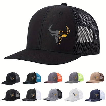 Bull Head Print Mesh Trucker Cap - Breathable Outdoor Baseball Hat for Men & Women Fishing Sports Style