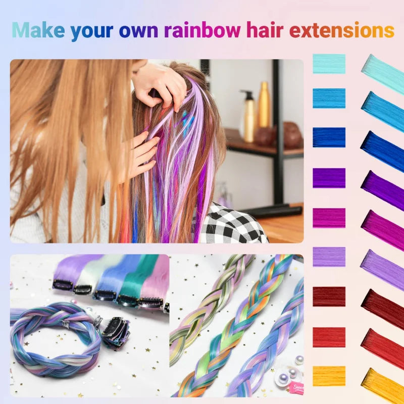 1/5/11 Pack 22" Clip-In Multi-Color Rainbow Hair Extensions – Synthetic Highlights for Girls, Women & Kids