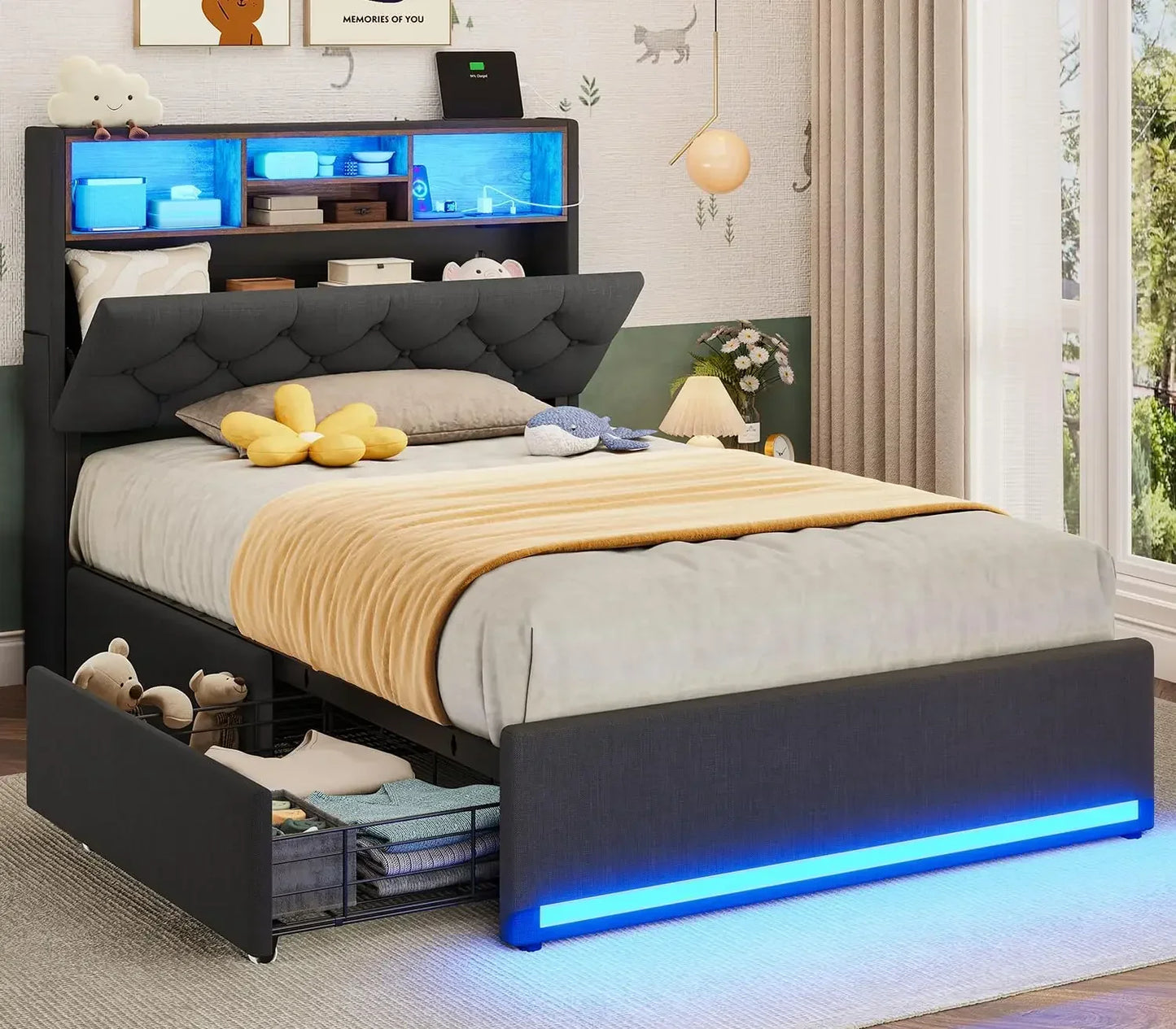 Queen Bed Frame with Headboard & 4 Drawers – LED Upholstered and Metal Bed with Charging Station, Twin & Queen Sizes