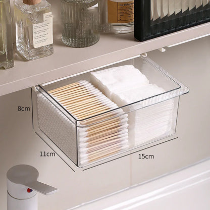 Transparent Bathroom Cotton Swab & Makeup Storage Box – Pull-Out Drawer Style Organizer for Under Mirror Cabinet