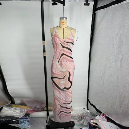 Women’s 2025 Summer Beach Dress – Long Spaghetti Strap O-Neck Dress with Print and Long Sleeves, Fashionable Summer Robe