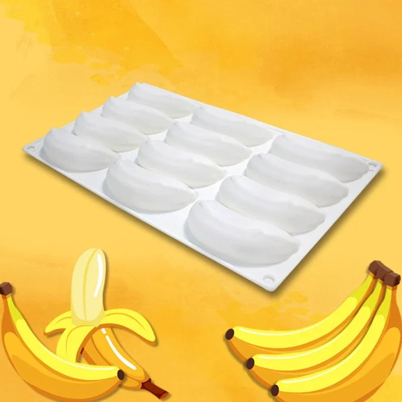 12-Cavity 3D Banana Silicone Mold – Baking Mousse Cake, Chocolate, Ice Cream & Dessert Pastry Mould