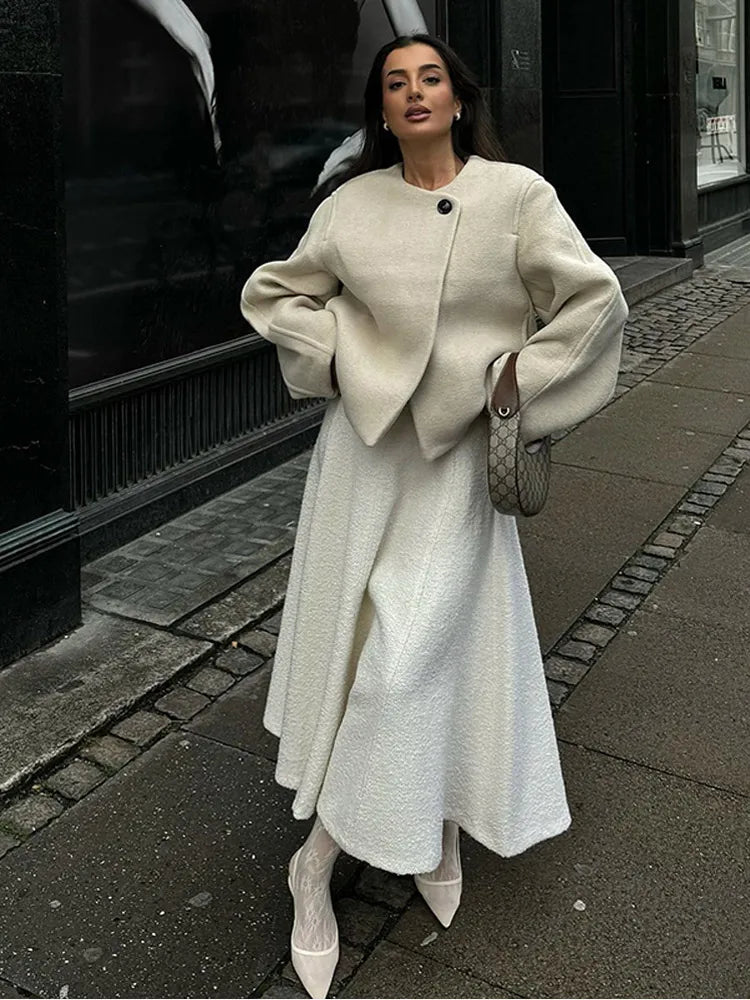 2024 Women's Elegant Solid Wool Blend Cardigan Coat – Round Neck, Single Button, Long Sleeve High Street Outwear