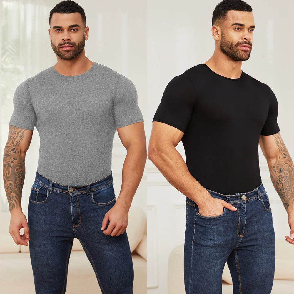 Men’s Short Sleeve Full-Body Shaper Bodysuit – Tummy Control Romper Pajamas, Waist Trainer Slimming Shapewear Undershirt