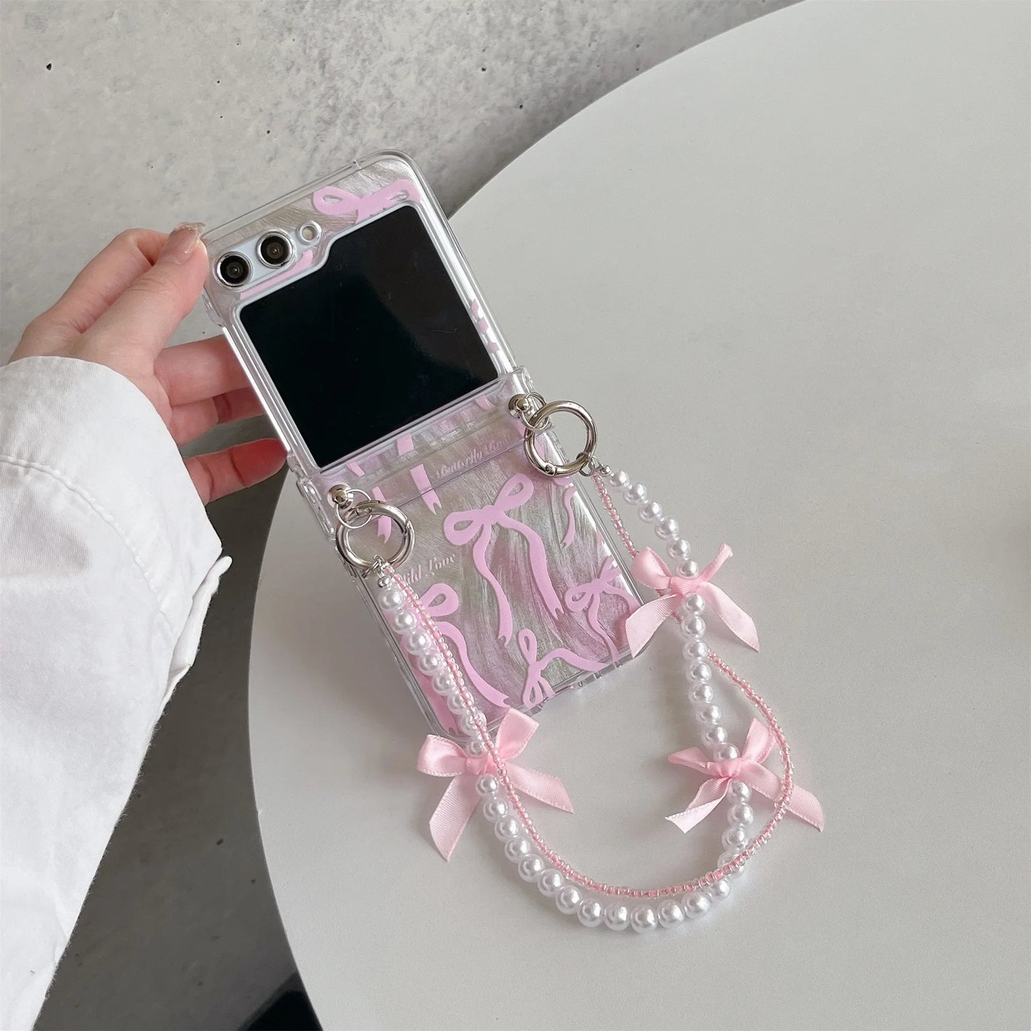 Pink Feathery Bow Folding Case with Chain for Samsung Galaxy Z Flip 3/4/5/6 – Cute Stylish Phone Cover