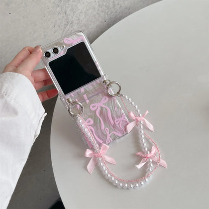 Pink Feathery Bow Folding Case with Chain for Samsung Galaxy Z Flip 3/4/5/6 – Cute Stylish Phone Cover