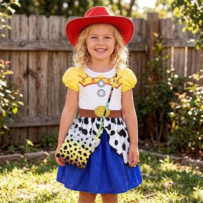 Kids Cowgirl Costume Dress - Girls Cartoon Print Short Sleeve Halloween Cosplay Party Outfit