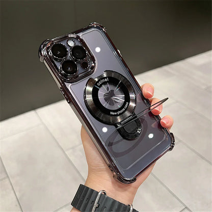 Luxury Plated Shockproof Magnetic Bracket for MagSafe – Clear Case with Stand Holder for iPhone 15, 16, 14, 13, 12, 11 Pro Max