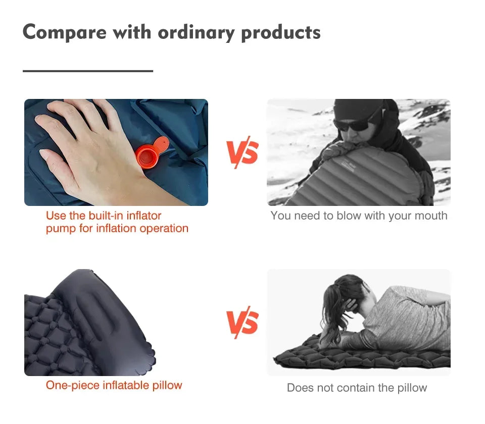 Outdoor Sleeping Pad - Camping Inflatable Mattress with Pillows - Ultralight Travel Mat for Hiking and Trekking