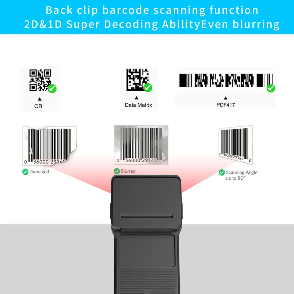 58mm Thermal Printer & 2D Bluetooth Scanner - 2-in-1 Mobile Back Clip with 7.4V 3000mAh Battery