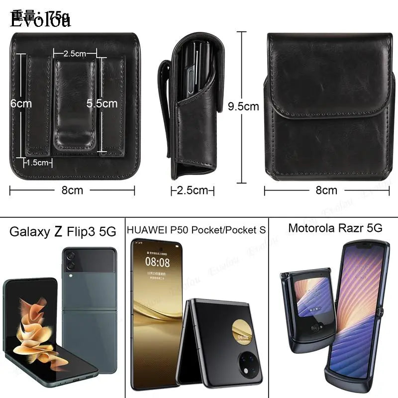 Universal Genuine Leather Phone Bag with Belt Clip Holster - Compatible with Moto Razr 40, Samsung Z Flip 5/4, Huawei P50, Pocket Waist Cover