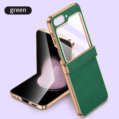 Cowhide Leather Samsung Galaxy Z Flip Case — Luxury Hinge Protection Cover with Tempered Glass for Flip 5/6/7