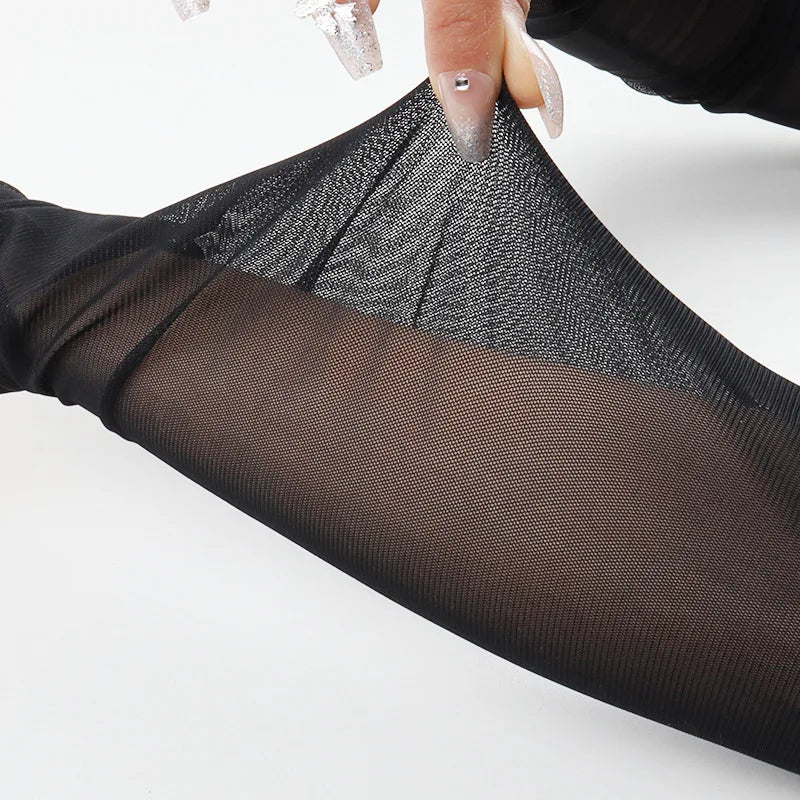 Women’s Elastic Mesh Lace Gloves – Transparent Long Arm Sleeves for Sun Protection, Wedding & Cosplay Costume Accessory