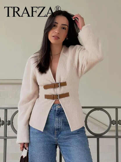TRAFZA Women’s Retro Leather Buckle Woolen Coat – Fashion Solid V-Neck Beige Jacket, Autumn Spring Streetwear
