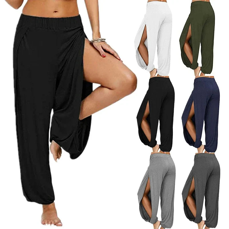 Women’s Summer High Slit Harem Pants – Loose Fit Wide Leg Yoga & Sports Trousers, Breathable Hippie Style Activewear