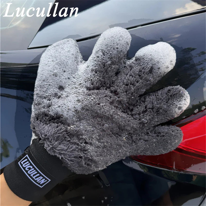 Lucullan Double-Sided Microfiber 5-Finger Mitt – Super Soft, Scratch-Free, Flexible Cleaning Glove