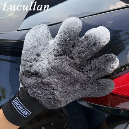 Lucullan Double-Sided Microfiber 5-Finger Mitt – Super Soft, Scratch-Free, Flexible Cleaning Glove