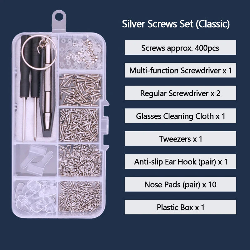 Eyeglasses Repair Kit with Screwdriver, Screws & Nose Pads – Complete Optical Repair Tool Set for Glasses & Sunglasses