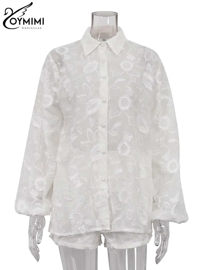Oymimi Women’s Summer 2-Piece Cotton Set – White Jacquard Button Shirt & High Waist Shorts Casual Outfit for Women
