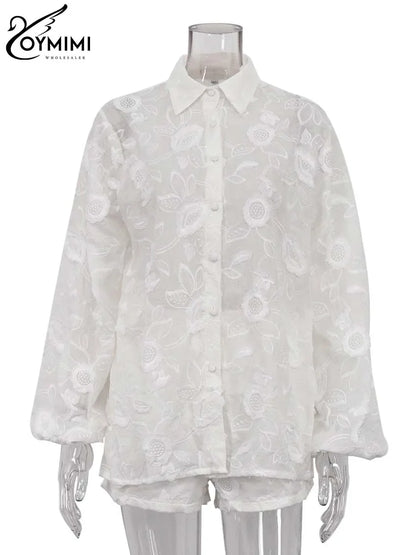 Oymimi Women’s Summer 2-Piece Cotton Set – White Jacquard Button Shirt & High Waist Shorts Casual Outfit for Women