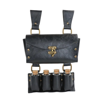 Renaissance Leather Cosplay Belt – Medieval Wizard Waist Bag with Alchemy Bottle, Cork Stopper & Copper Coin