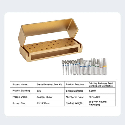 30Pcs/Set Aluminum Dental Burs Kit – Diamond Burs for High-Speed Handpiece with Holder & Burs Placement Box
