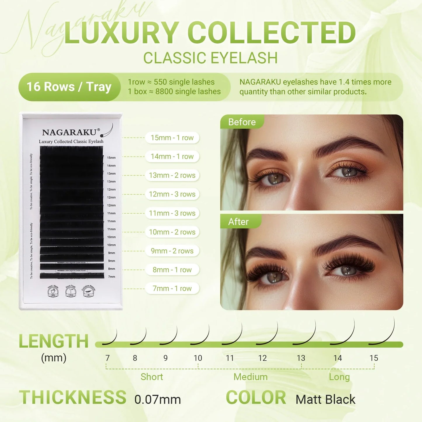NAGARAKU Luxury Classic Eyelashes – 100% Handmade 16-Row Individual Matte Black Soft Eyelash Extensions