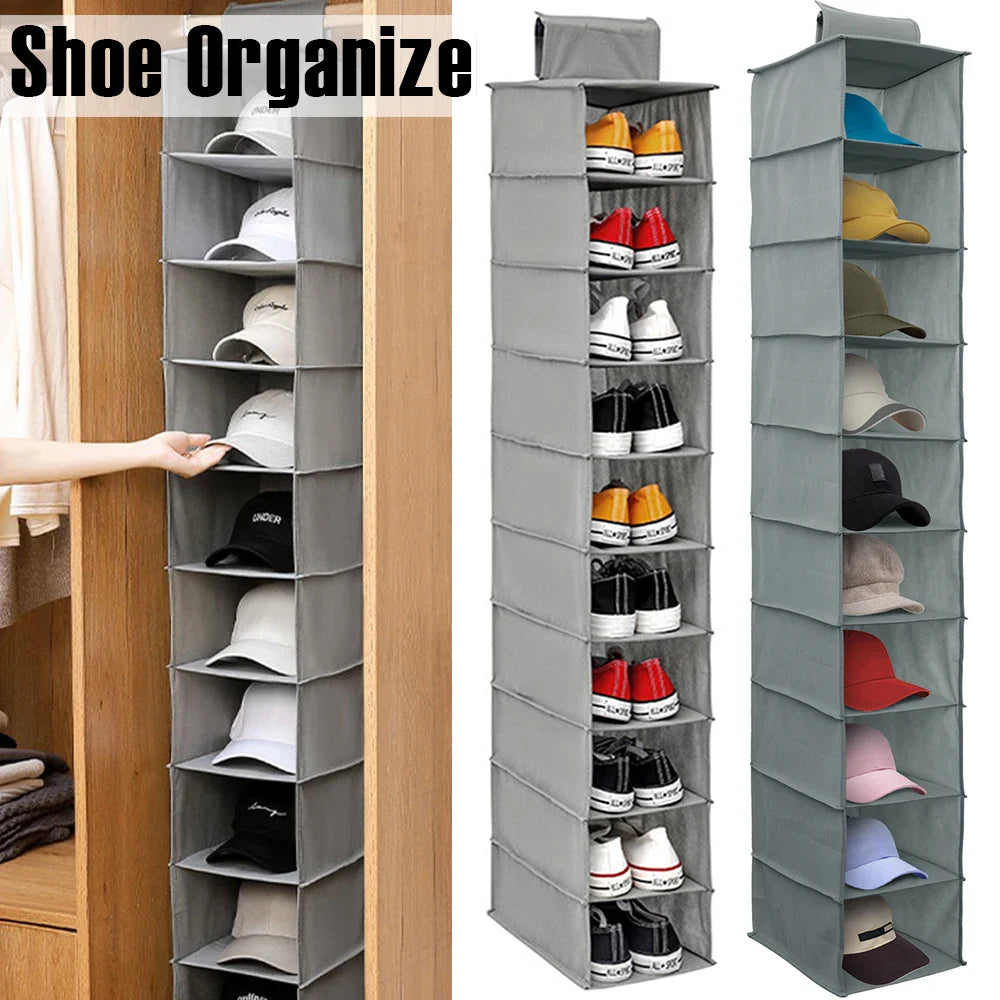 10-Layer Foldable Hanging Shoe Organizer – Non-Woven Space-Saving Shoe Rack for Home Bedroom Closet