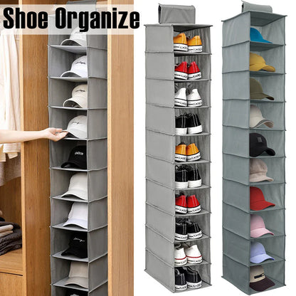10-Layer Foldable Hanging Shoe Organizer – Non-Woven Space-Saving Shoe Rack for Home Bedroom Closet