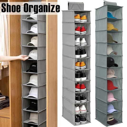 10-Layer Foldable Hanging Shoe Organizer – Non-Woven Space-Saving Shoe Rack for Home Bedroom Closet
