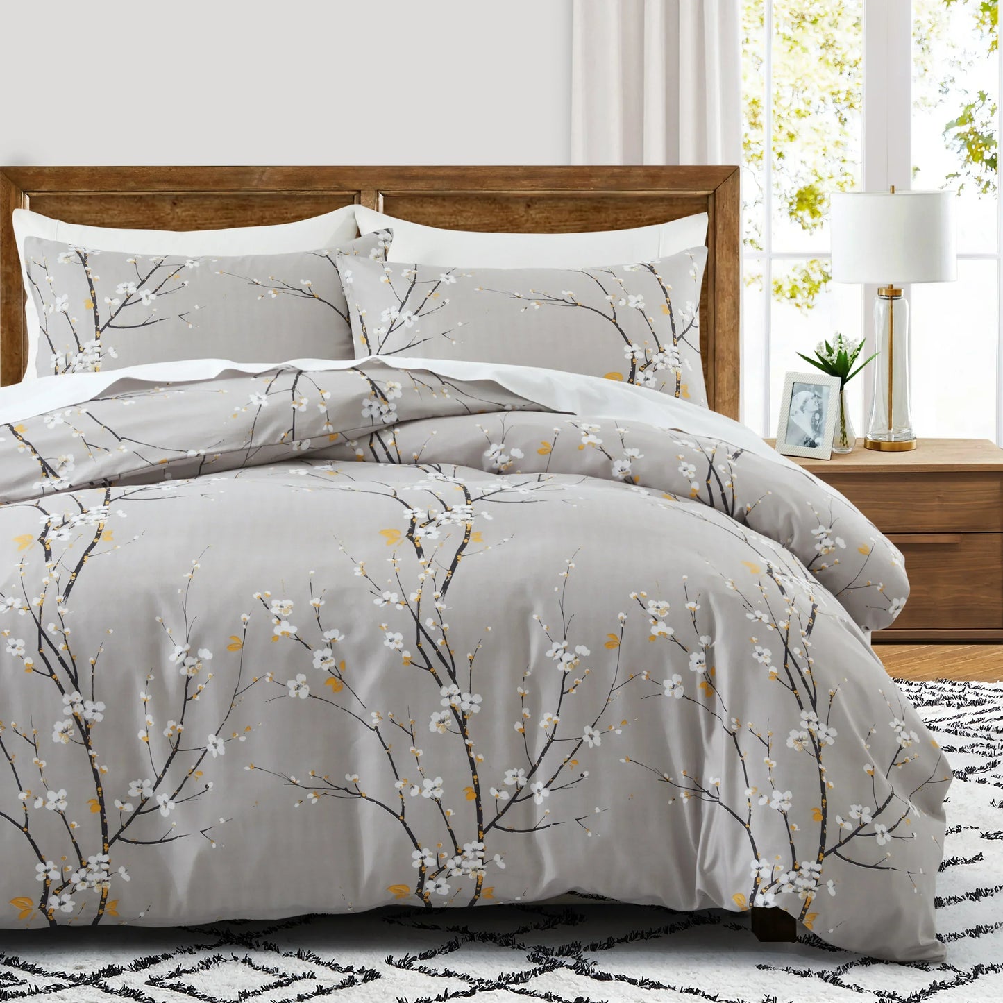 Grey Feather Duvet Cover Set – Full/Queen Boho Bird Plume Luxury Soft Reversible Comforter for Kids & Teens