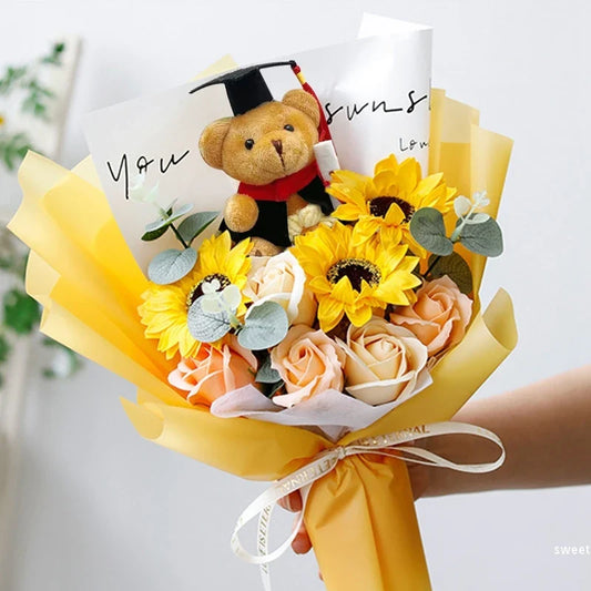 DIY Simulated Flower Bouquet – Crochet Sunflower Finished Product, Graduation, Doctoral, Valentine’s Day & Birthday Gift with Bear